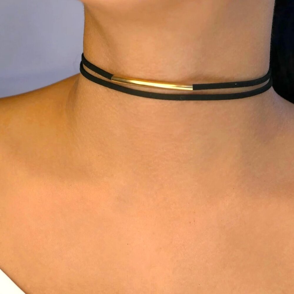 Choker Necklace Double Layered Gold Bar Minimalist SImple Glam Sexy Trendy